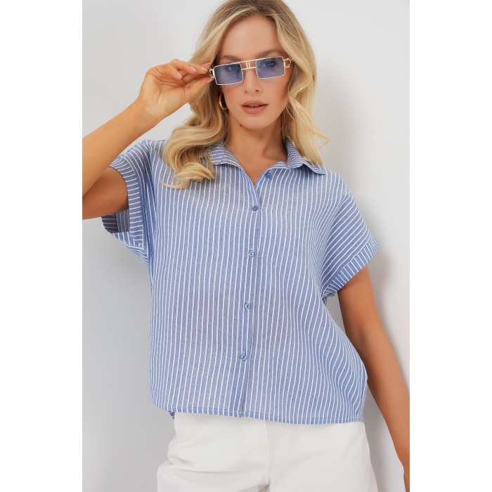 Kadın Çizgili Kısa Kol Gömlek 20324 - İndigo
