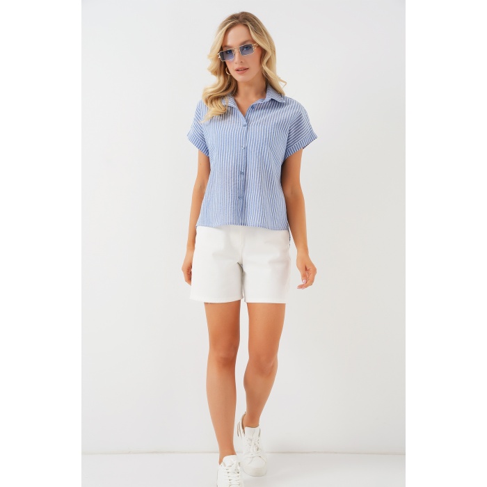 Kadın Çizgili Kısa Kol Gömlek 20324 - İndigo