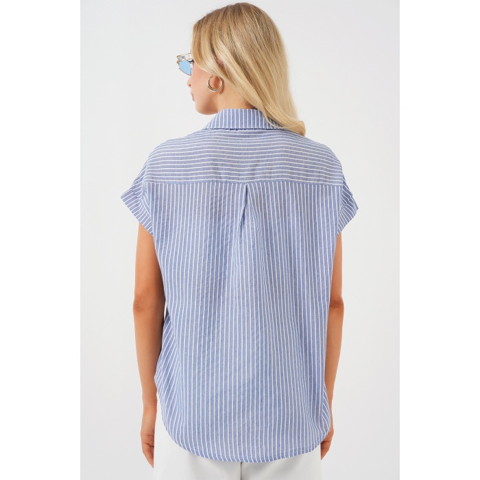 Kadın Çizgili Kısa Kol Gömlek 20324 - İndigo