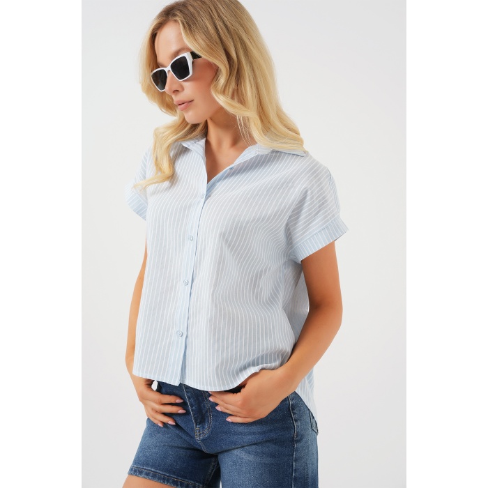 Kadın Çizgili Kısa Kol Gömlek 20324 - Açık Mavi