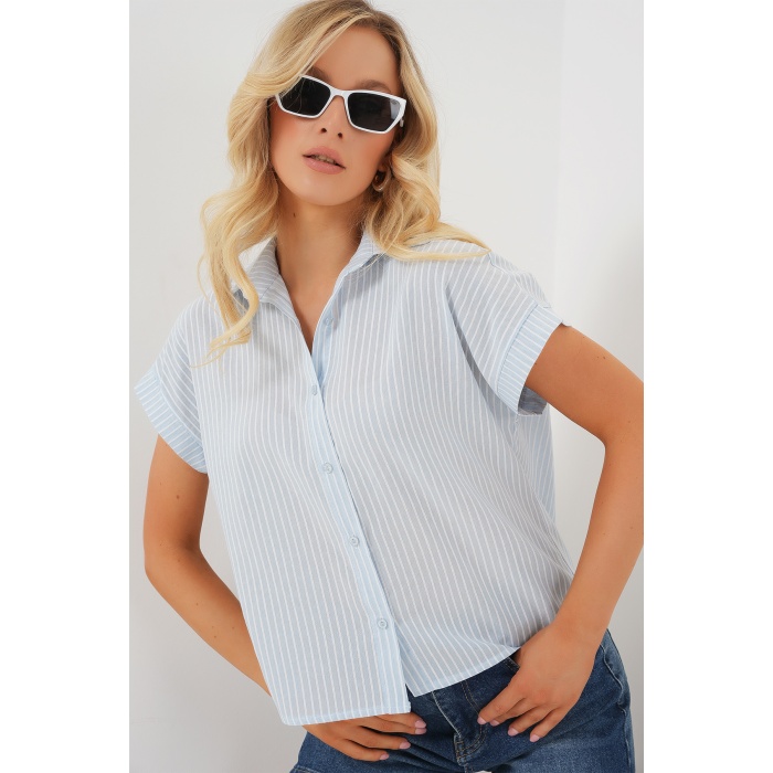 Kadın Çizgili Kısa Kol Gömlek 20324 - Açık Mavi