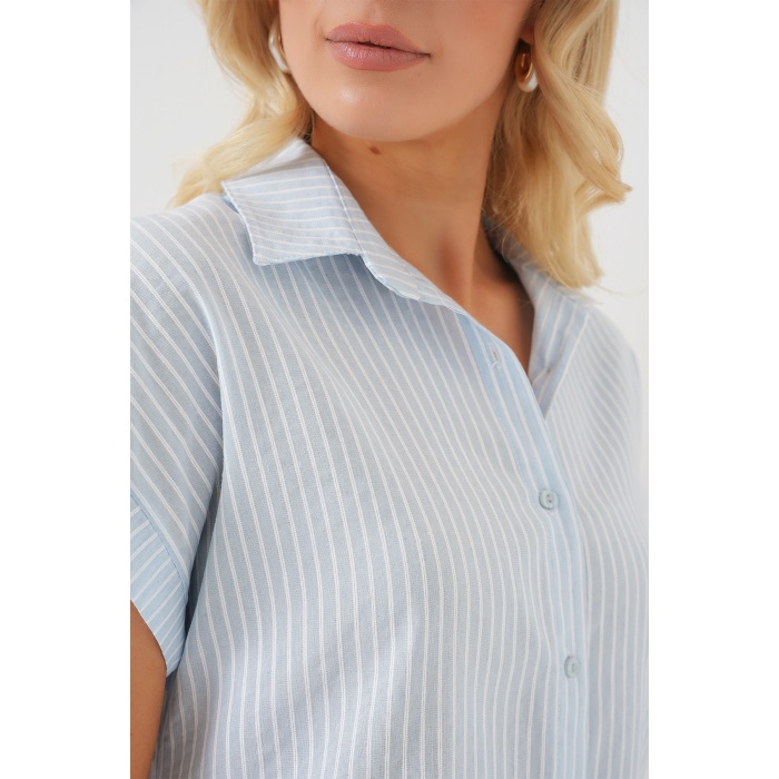 Kadın Çizgili Kısa Kol Gömlek 20324 - Açık Mavi
