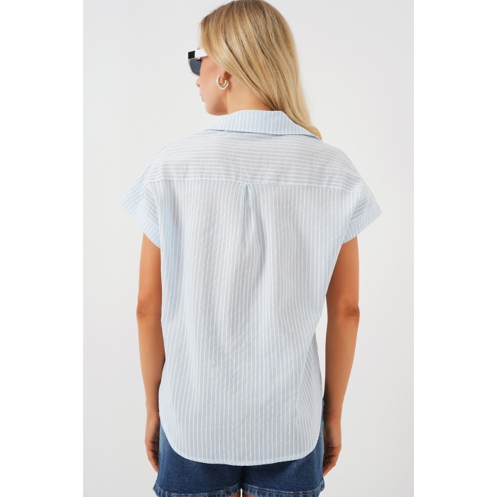 Kadın Çizgili Kısa Kol Gömlek 20324 - Açık Mavi