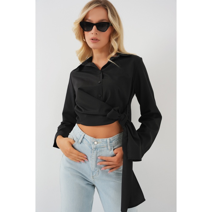 Kadın Bağlamalı Uzun Kol Gömlek 20325 - Siyah