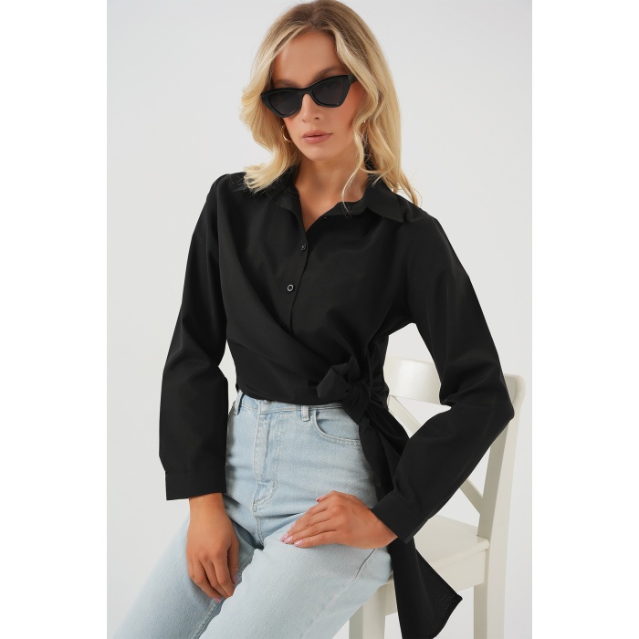 Kadın Bağlamalı Uzun Kol Gömlek 20325 - Siyah