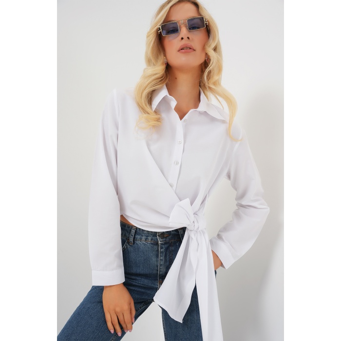 Kadın Bağlamalı Uzun Kol Gömlek 20325 - Beyaz