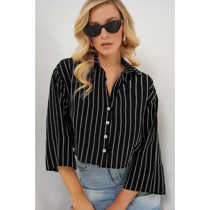 Kadın Çizgili Oversize Kısa Gömlek 20326 - Siyah