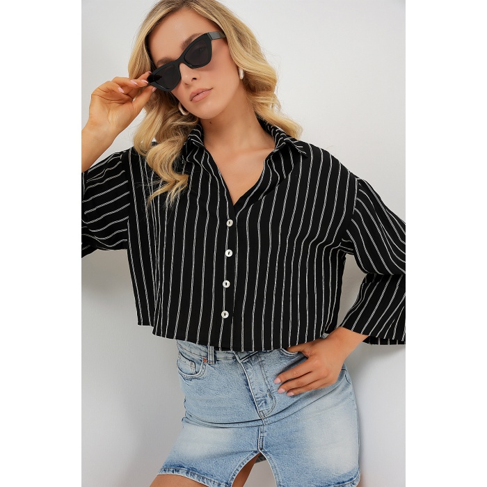 Kadın Çizgili Oversize Kısa Gömlek 20326 - Siyah