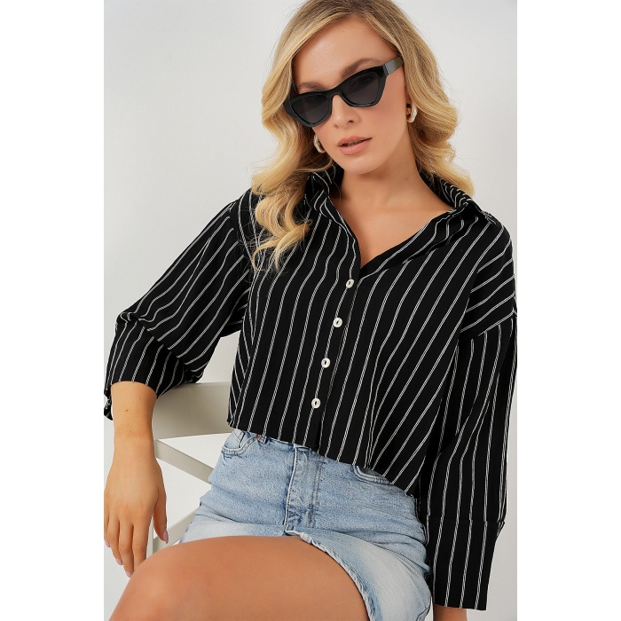 Kadın Çizgili Oversize Kısa Gömlek 20326 - Siyah