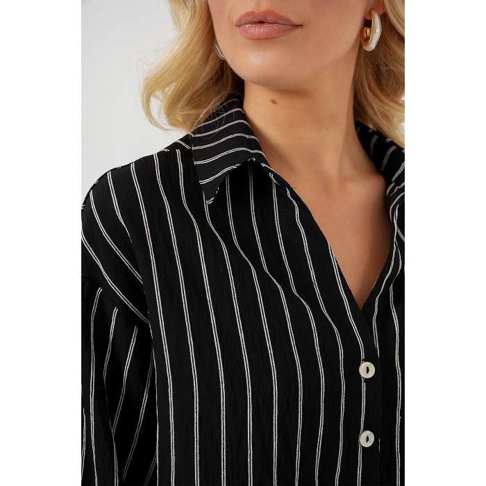 Kadın Çizgili Oversize Kısa Gömlek 20326 - Siyah