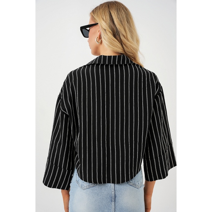 Kadın Çizgili Oversize Kısa Gömlek 20326 - Siyah