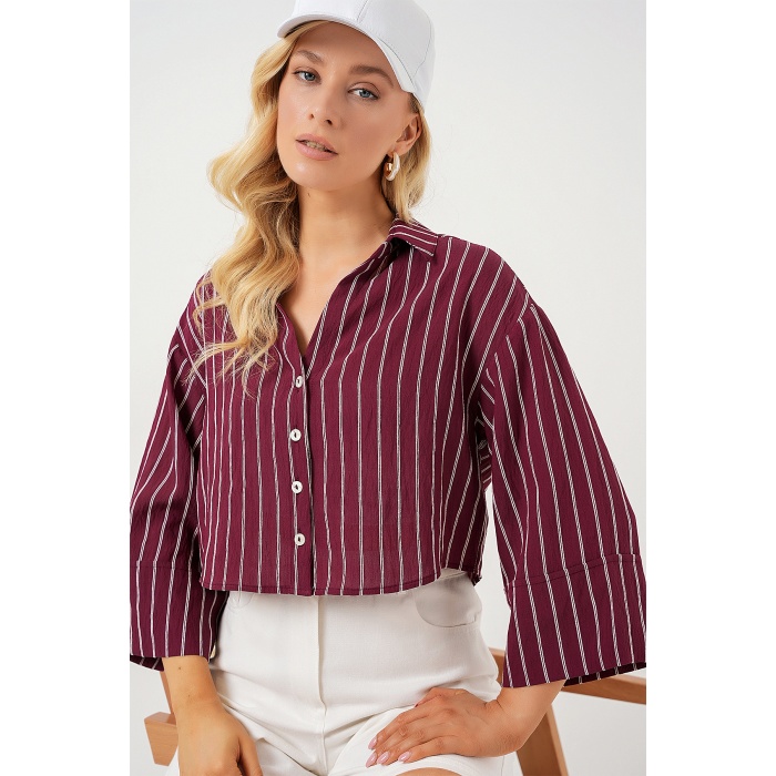 Kadın Çizgili Oversize Kısa Gömlek 20326 - Bordo