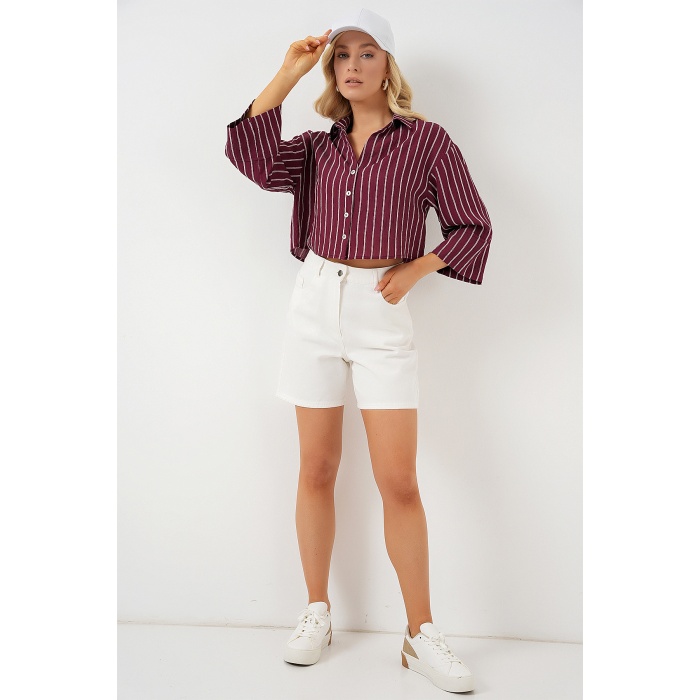 Kadın Çizgili Oversize Kısa Gömlek 20326 - Bordo