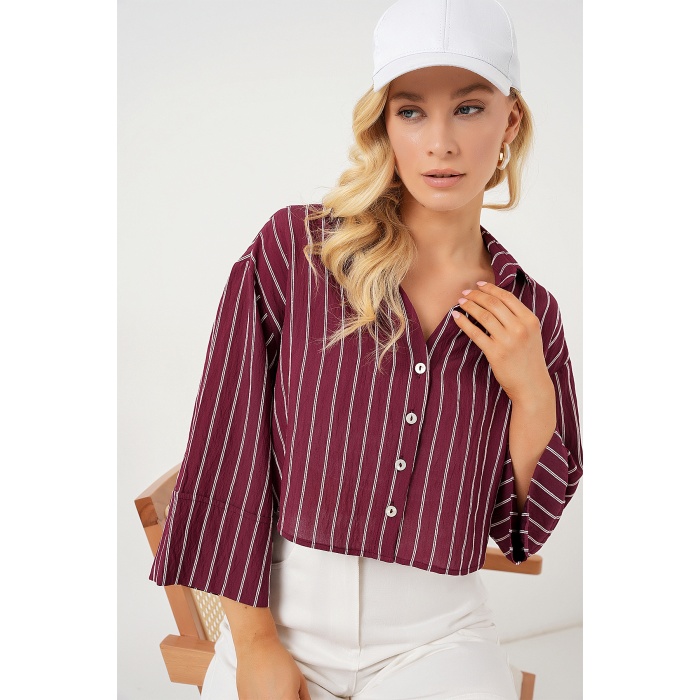 Kadın Çizgili Oversize Kısa Gömlek 20326 - Bordo