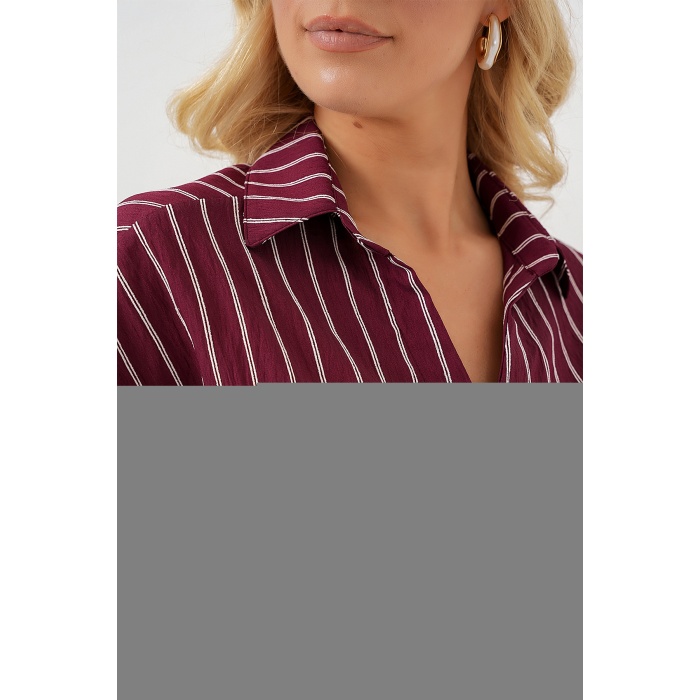 Kadın Çizgili Oversize Kısa Gömlek 20326 - Bordo