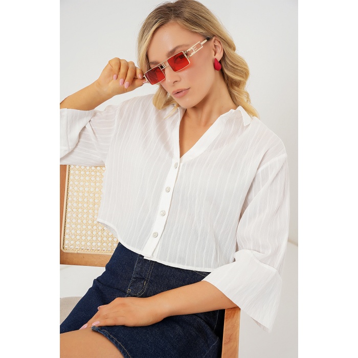 Kadın Çizgili Oversize Kısa Gömlek 20326 - Beyaz