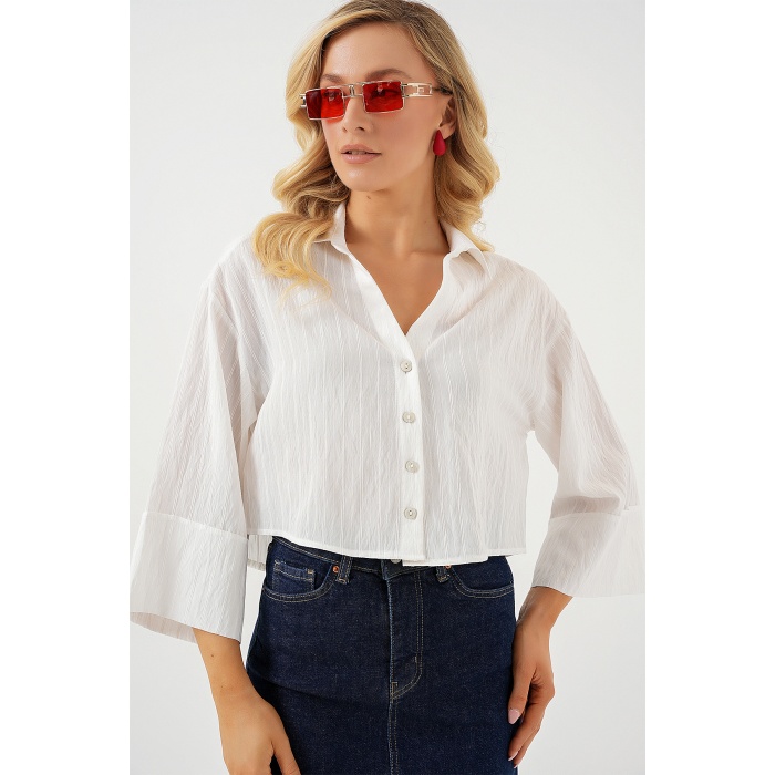 Kadın Çizgili Oversize Kısa Gömlek 20326 - Beyaz