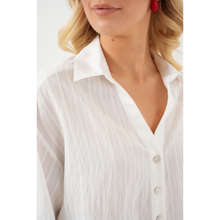 Kadın Çizgili Oversize Kısa Gömlek 20326 - Beyaz