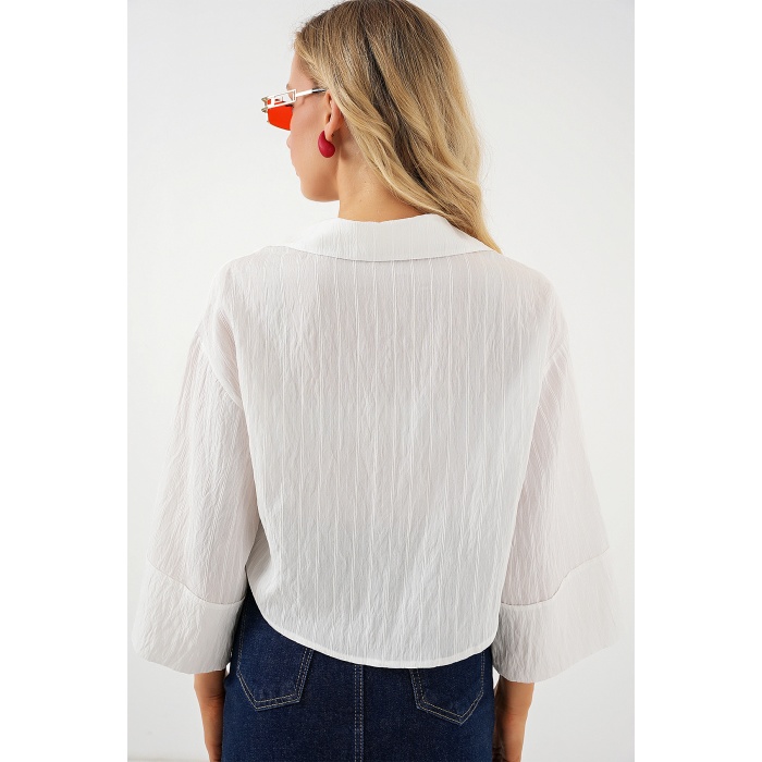 Kadın Çizgili Oversize Kısa Gömlek 20326 - Beyaz