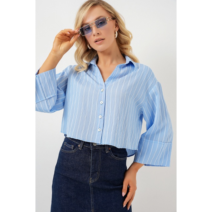 Kadın Çizgili Oversize Kısa Gömlek 20326 - Mavi