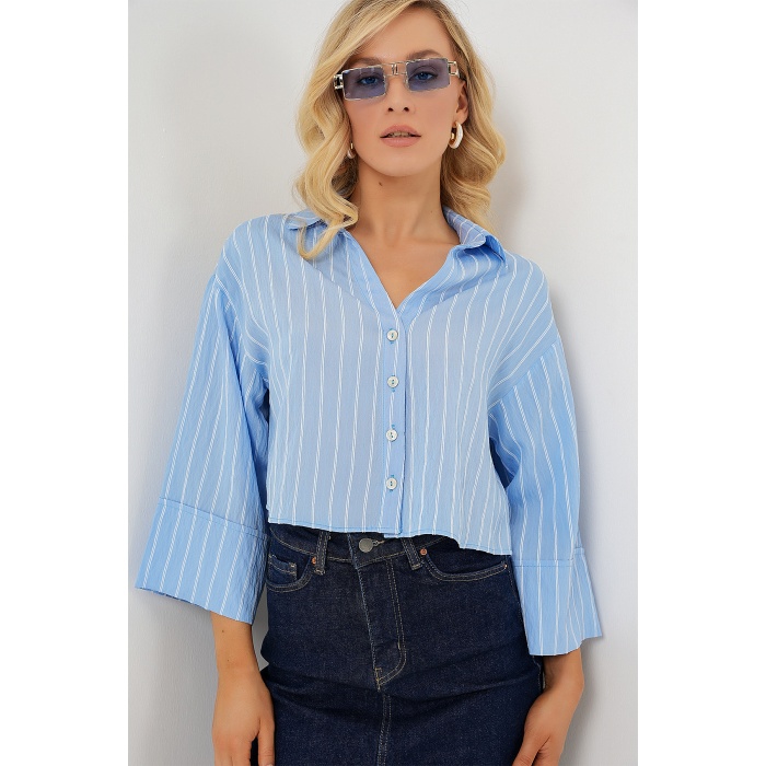 Kadın Çizgili Oversize Kısa Gömlek 20326 - Mavi