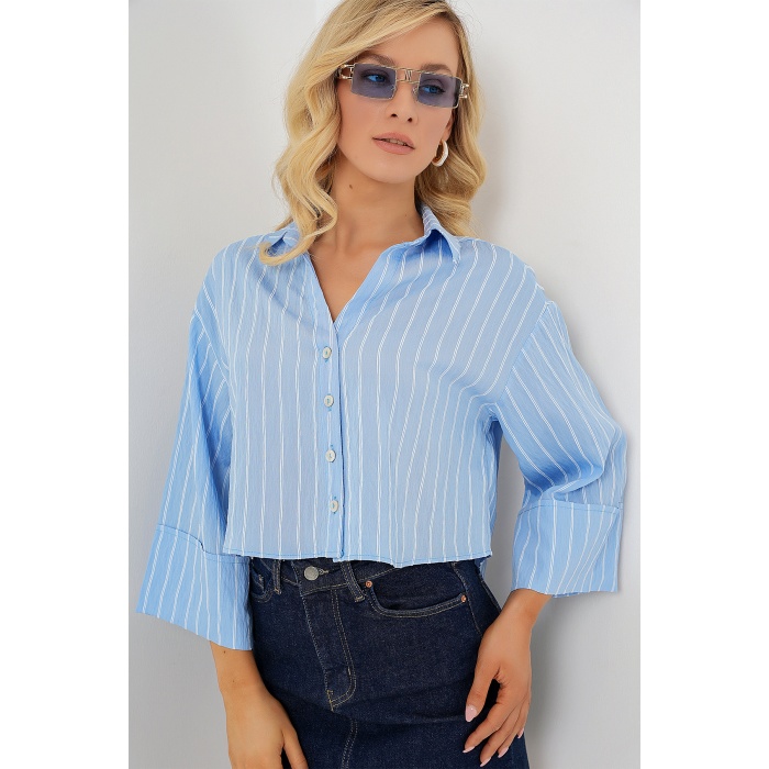 Kadın Çizgili Oversize Kısa Gömlek 20326 - Mavi