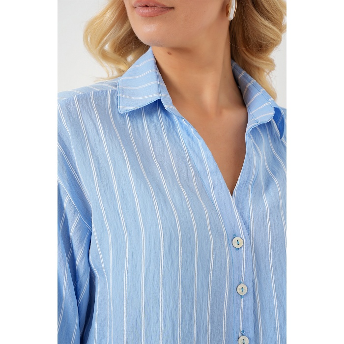Kadın Çizgili Oversize Kısa Gömlek 20326 - Mavi