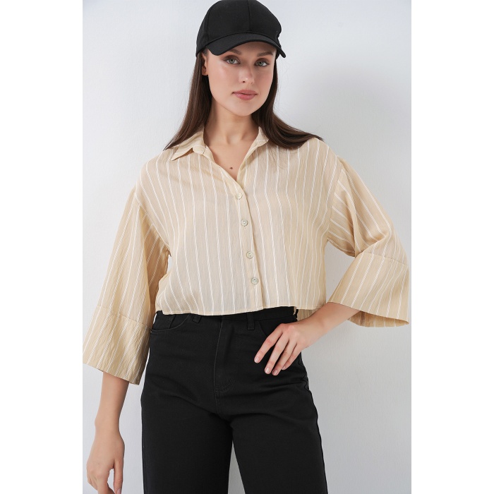 Kadın Çizgili Oversize Kısa Gömlek 20326 - Bej