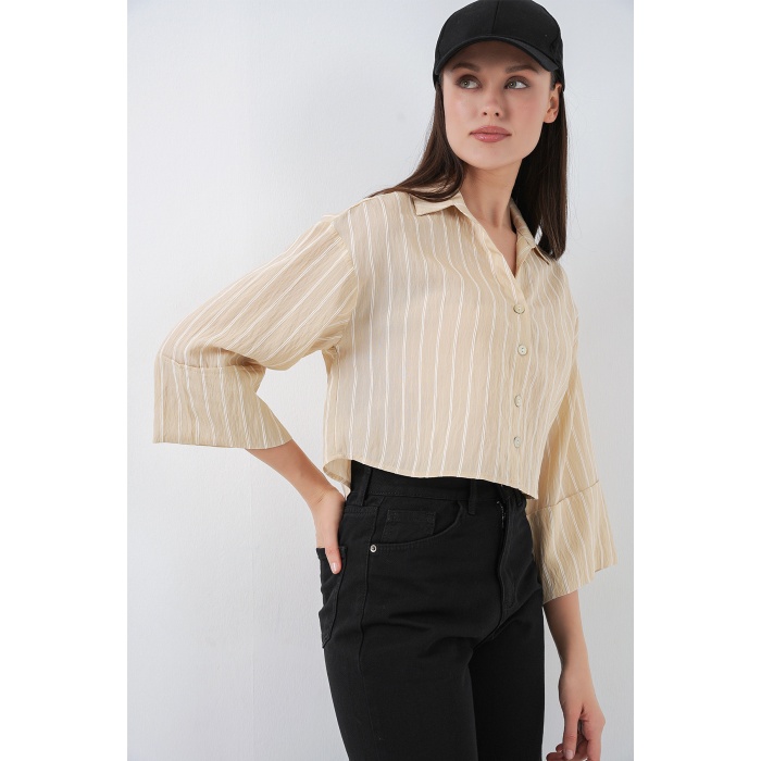 Kadın Çizgili Oversize Kısa Gömlek 20326 - Bej