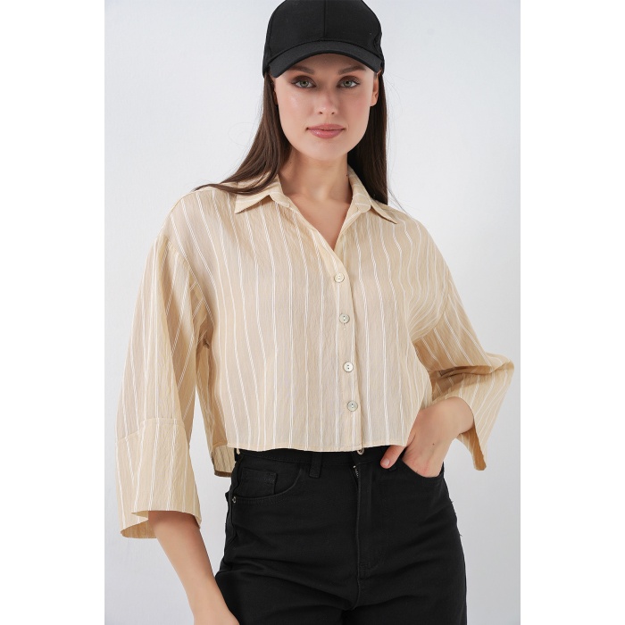 Kadın Çizgili Oversize Kısa Gömlek 20326 - Bej