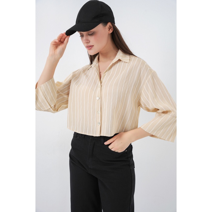 Kadın Çizgili Oversize Kısa Gömlek 20326 - Bej