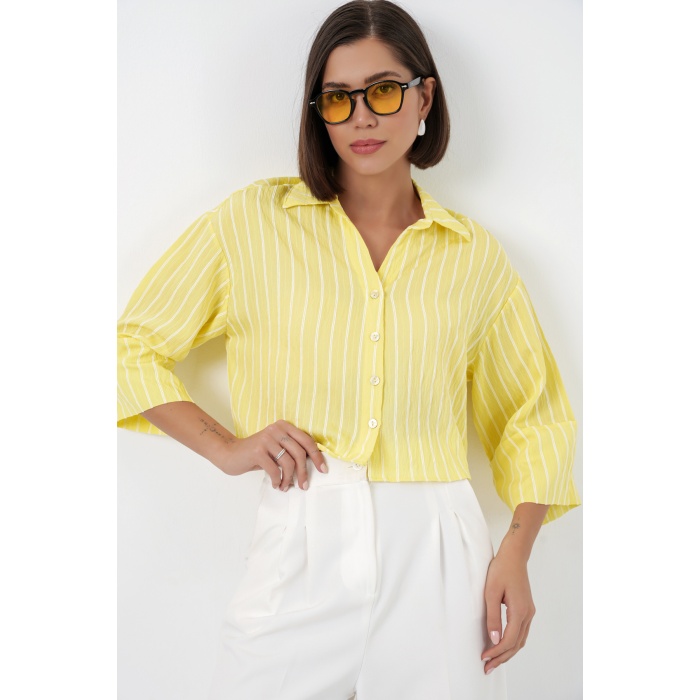 Kadın Çizgili Oversize Kısa Gömlek 20326 - Sarı