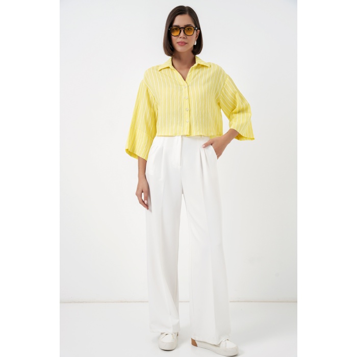 Kadın Çizgili Oversize Kısa Gömlek 20326 - Sarı