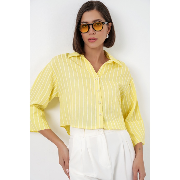 Kadın Çizgili Oversize Kısa Gömlek 20326 - Sarı