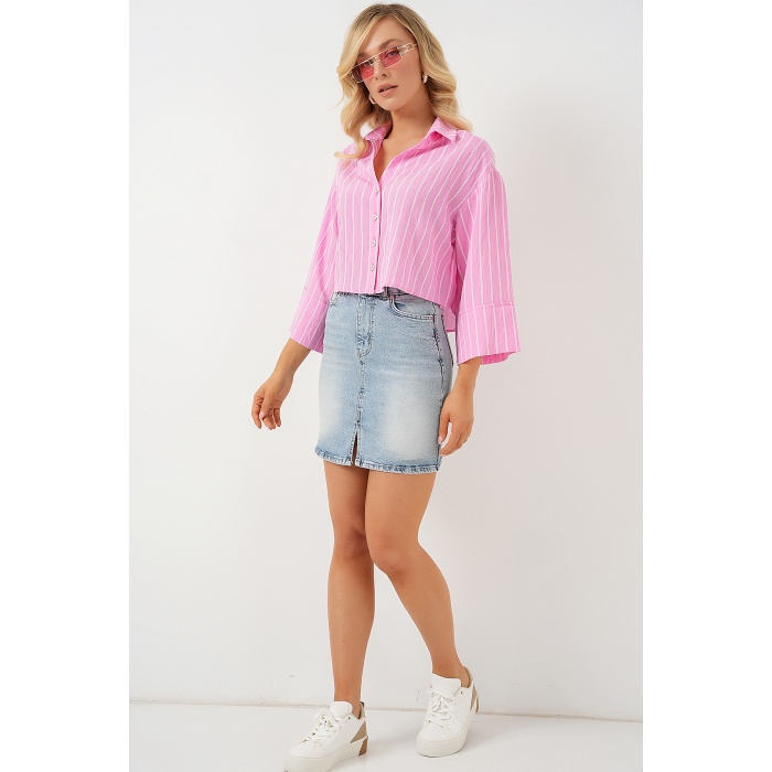 Kadın Çizgili Oversize Kısa Gömlek 20326 - Pembe