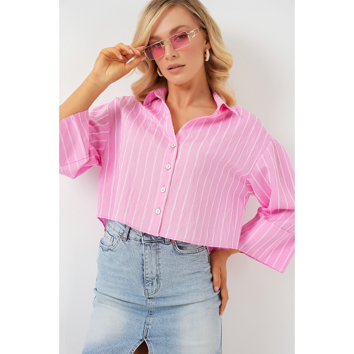 Kadın Çizgili Oversize Kısa Gömlek 20326 - Pembe