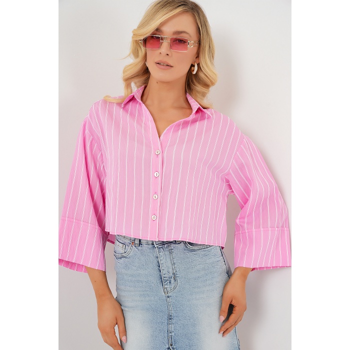 Kadın Çizgili Oversize Kısa Gömlek 20326 - Pembe