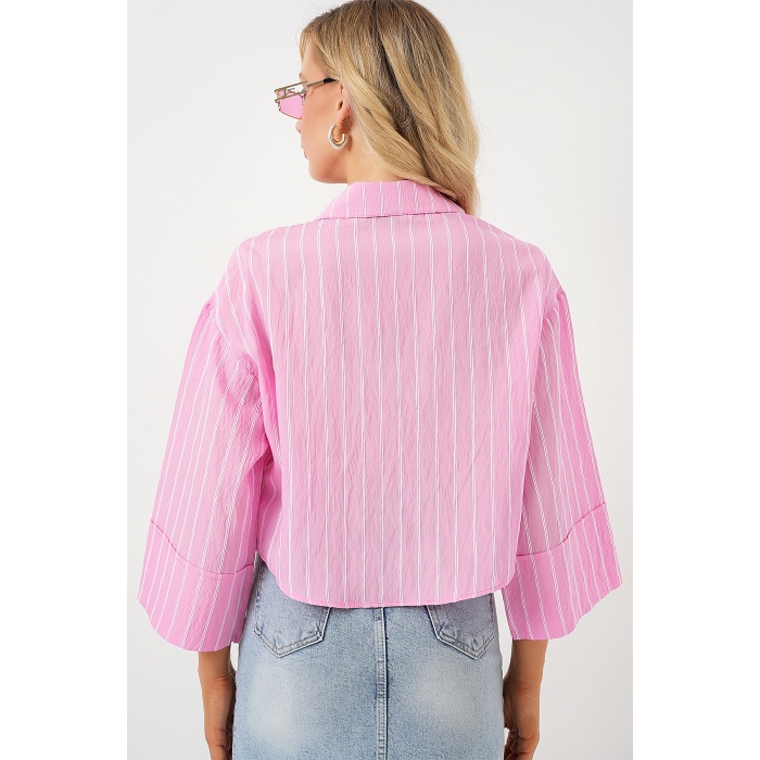 Kadın Çizgili Oversize Kısa Gömlek 20326 - Pembe