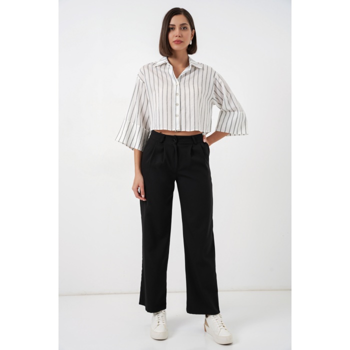 Kadın Çizgili Oversize Kısa Gömlek 20326 - B.Beyaz