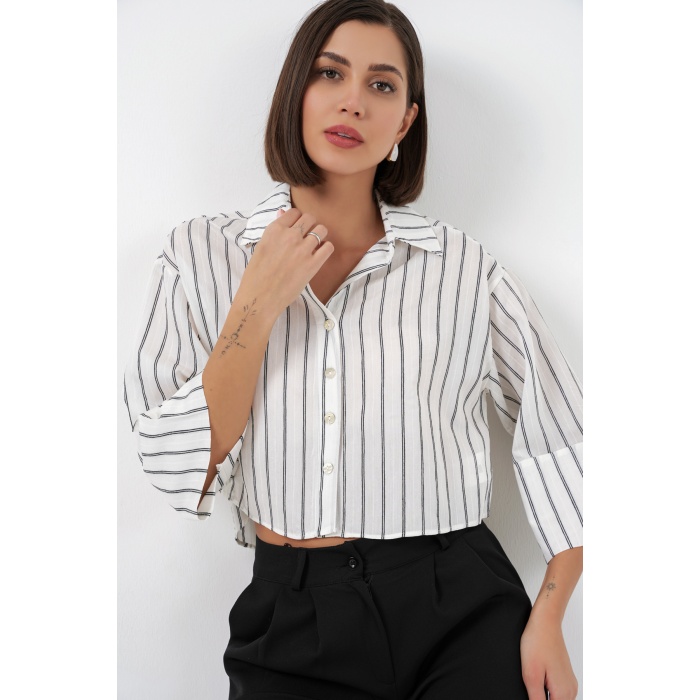 Kadın Çizgili Oversize Kısa Gömlek 20326 - B.Beyaz