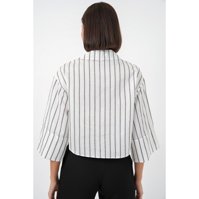 Kadın Çizgili Oversize Kısa Gömlek 20326 - B.Beyaz