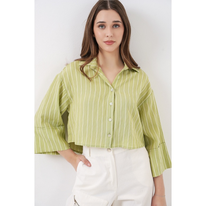 Kadın Çizgili Oversize Kısa Gömlek 20326 - E.Yeşil
