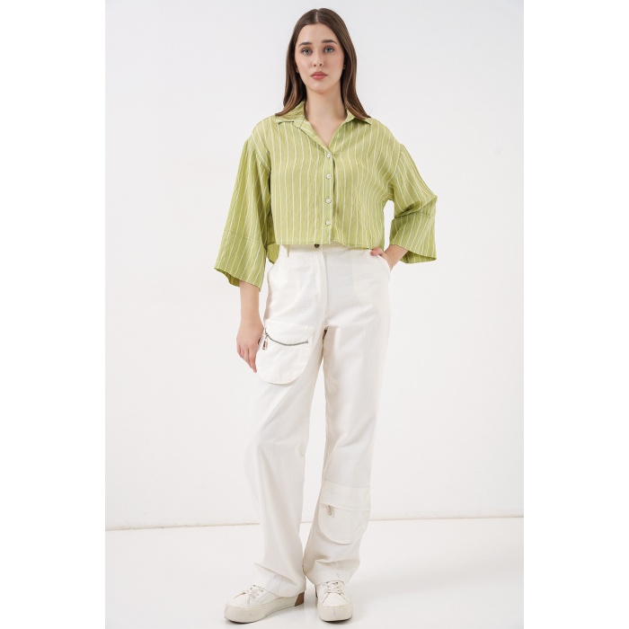 Kadın Çizgili Oversize Kısa Gömlek 20326 - E.Yeşil