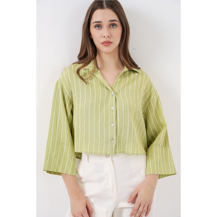 Kadın Çizgili Oversize Kısa Gömlek 20326 - E.Yeşil