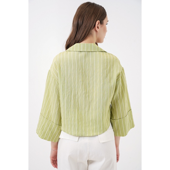 Kadın Çizgili Oversize Kısa Gömlek 20326 - E.Yeşil