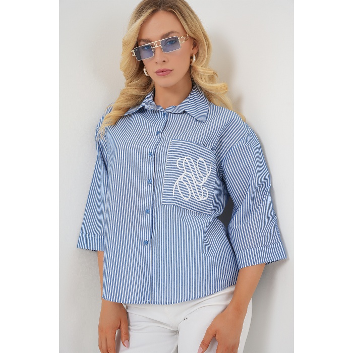 Kadın Tek Cep Nakışlı Gömlek 20328 - Lacivert