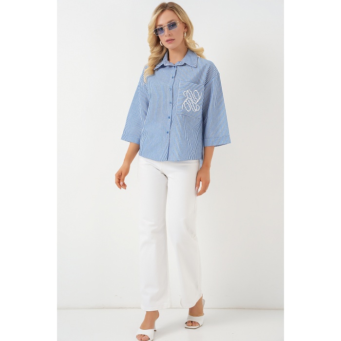 Kadın Tek Cep Nakışlı Gömlek 20328 - Lacivert