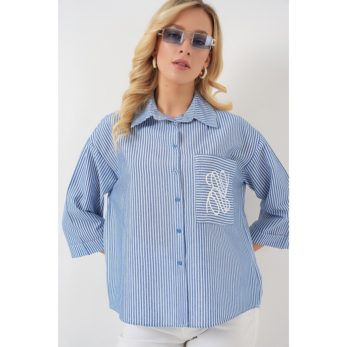 Kadın Tek Cep Nakışlı Gömlek 20328 - Lacivert