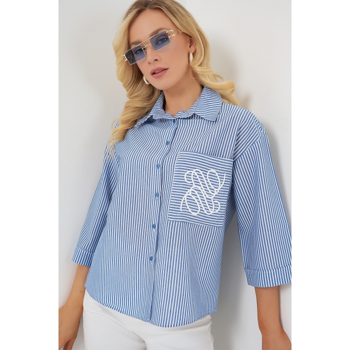 Kadın Tek Cep Nakışlı Gömlek 20328 - Lacivert