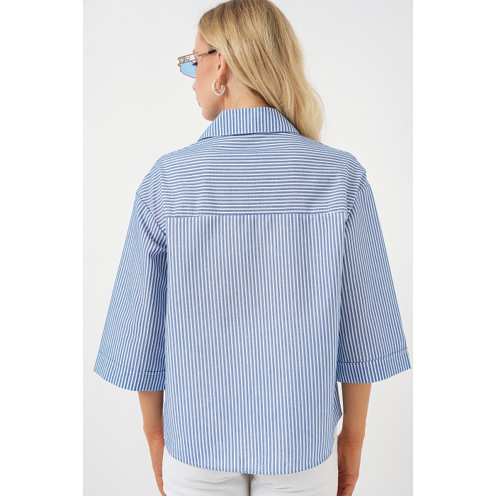 Kadın Tek Cep Nakışlı Gömlek 20328 - Lacivert